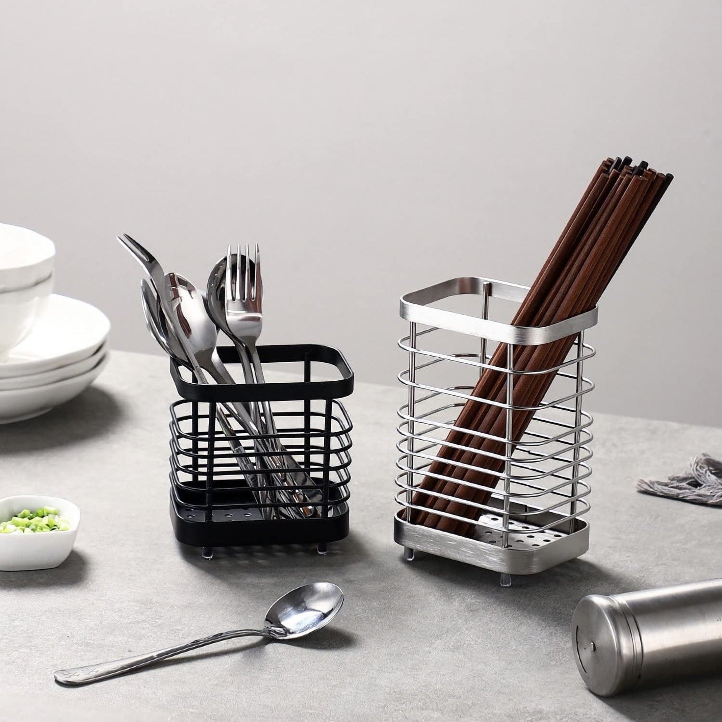 Kitchen Utensil Holder, Stainless Steel Drying Caddy, Rust-Proof Cutlery Organizer for Kitchen Utensils, Silver