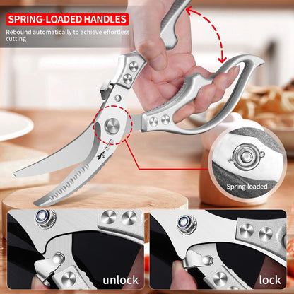 MAD SHARK Heavy Duty Poultry Shears, Kitchen Shears with Non-Slip Handle & Safety Lock, All Purpose Kitchen Scissors for Chicken, Meat Cutting, Turkey, Fish, Vegetables, Spring Loaded, Dishwasher Safe