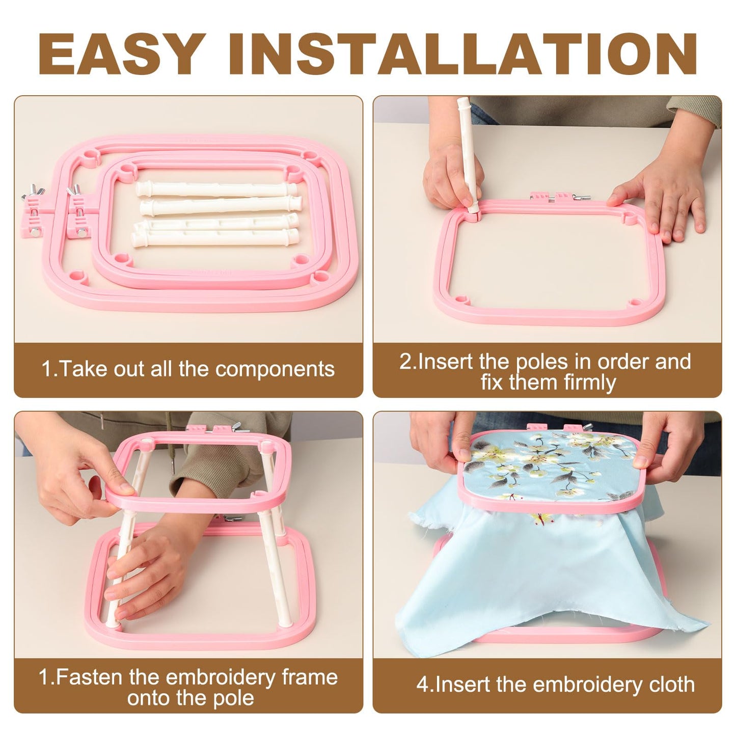 PATIKIL 7.1" x 6.7" Square Embroidery Hoop Stand, Adjustable ABS Plastic Cross Stitch Stand Hands-Free 2-Tier Embroidery Hoop Holder Punch Needle Frame for Sewing Arts Needlework, Khaki