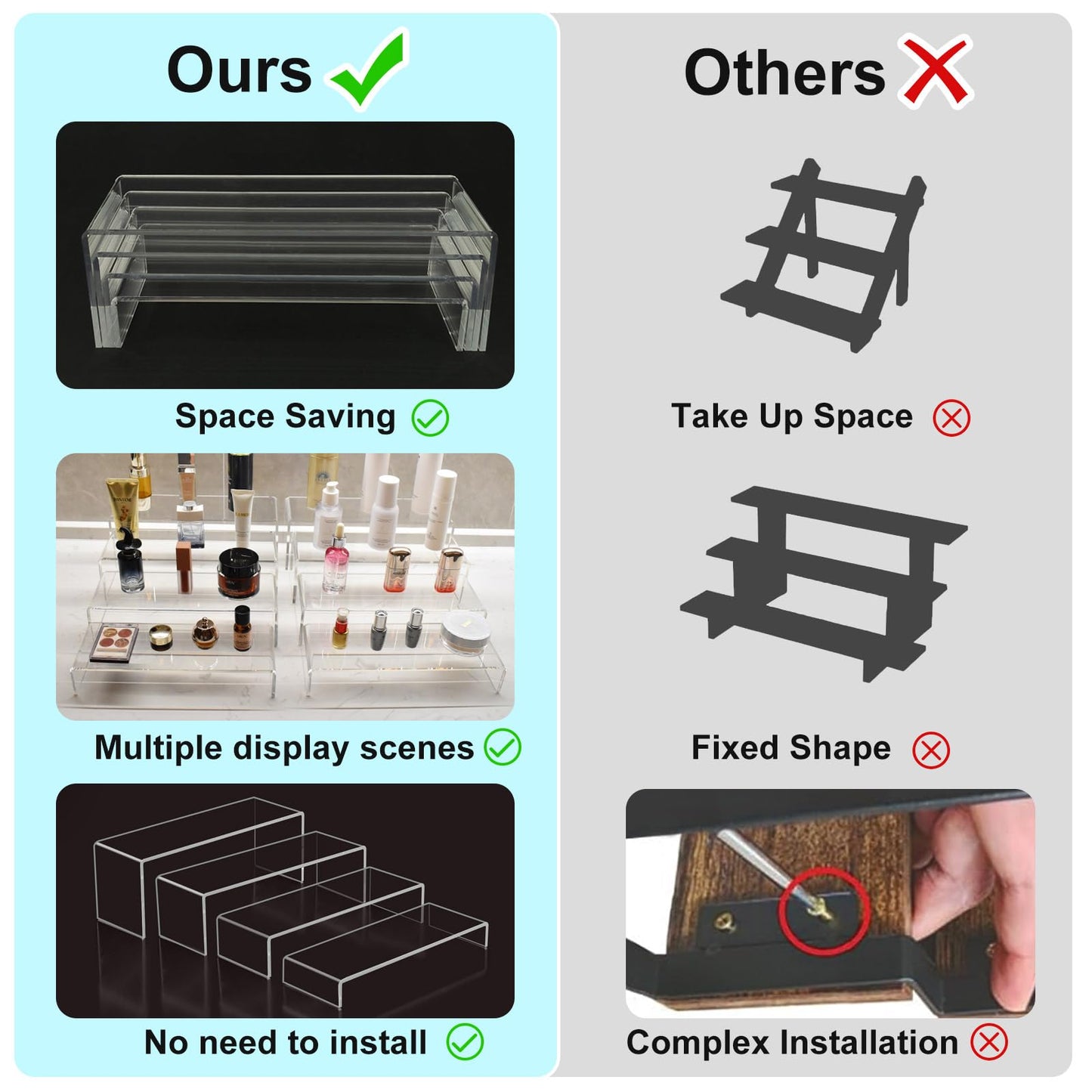 Acrylic Display Riser Stand of 8pcs, 5mm Thickness, 12'' Length Tierd Display Stands, Acrylic Shelf Risers for Perfume Display,Risers for Buffet Table,Cupcake Stand,Pop Figurines,Tumbler,Food