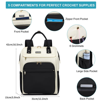 Kuosdaz Crochet Bag Backpack, Large Yarn Storage Crochet Organizer, Gifts Travel Crochet Backpack for Women, Knitting & Crochet Accessories for Crochet Hooks, Black & White