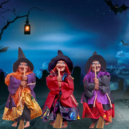 BravOne 3 PCS Halloween Hanging Witches Decorations, 8" Halloween Witches Ornaments Flying Witches Figures on Broom Halloween Outdoor Indoor Decorations Haunted House Hanging Props Party Decor (#A)