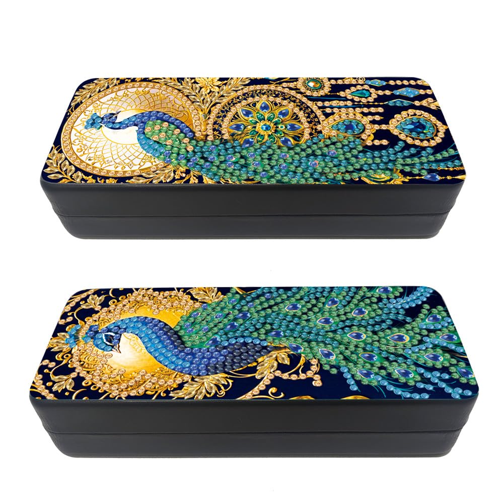 C'eitura 2Pcs 5D DIY Handmade Peacock Diamond Art Painting Glasses Case Kit, Handcrafted Eyeglass Holder Case, Exquisite Bird Christmas Valentine's Day Gift Set