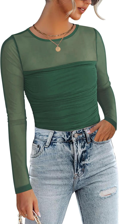 Zeagoo Long Sleeve Shirts for Women Sheer Mesh Sexy Blouses Fall Fashion Crewneck Going Out Tops