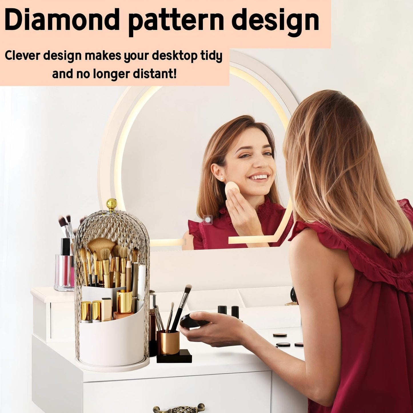RONGZHIERK Makeup Brush Holder with Lid,Makeup Brush Storage Box with Diamond Pattern,360 Rotating Waterproof and Dustproof Beauty Brushes Storage for Vanity Bathroom,White
