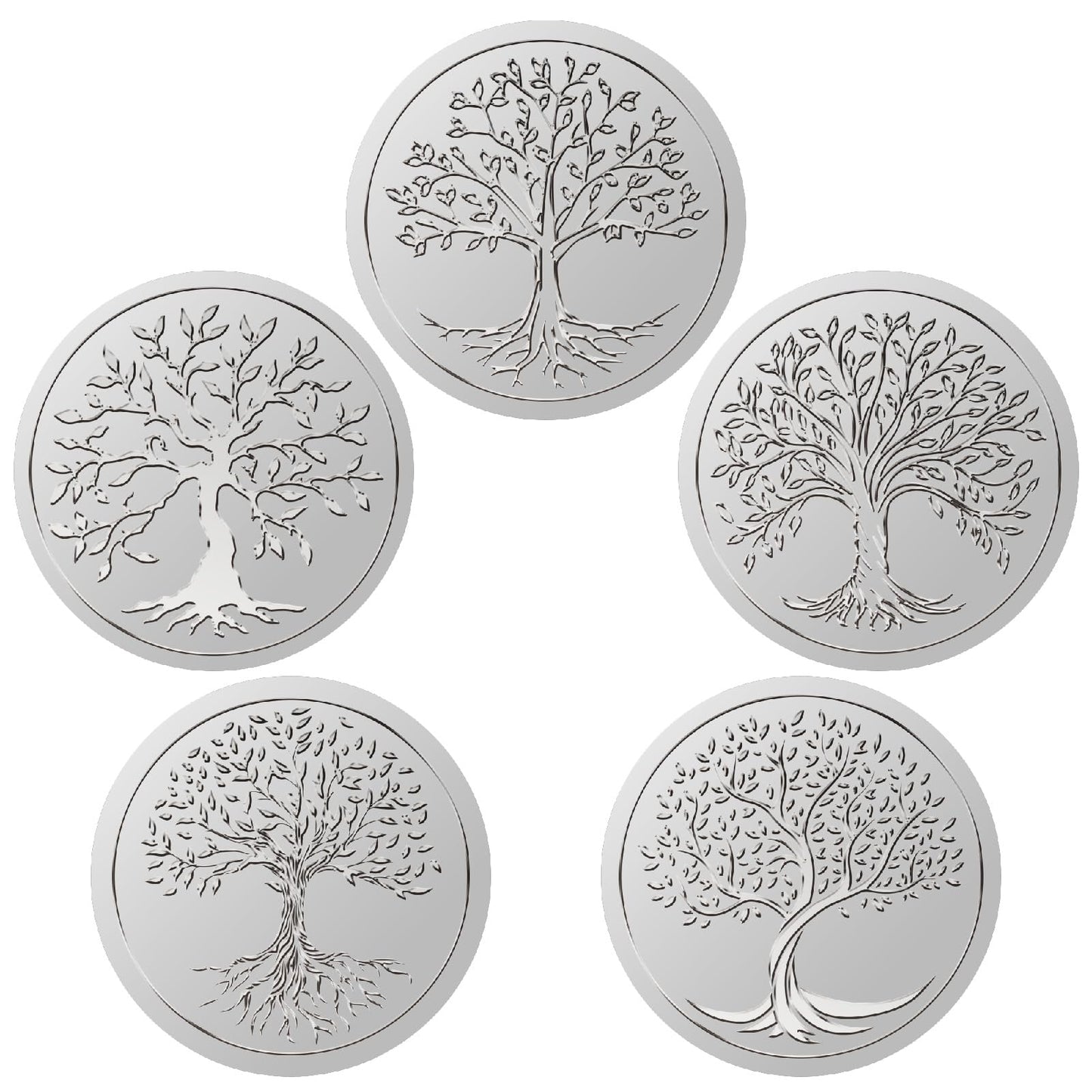 CRASPIRE 600Pcs Tree of Life Silver Foil Envelopes Stickers 1.5" 5 Style Embossed Certificate Seals Self Adhesive Sticker Decor Labels for Award Office Wedding Invitation Graduation Gift Packing