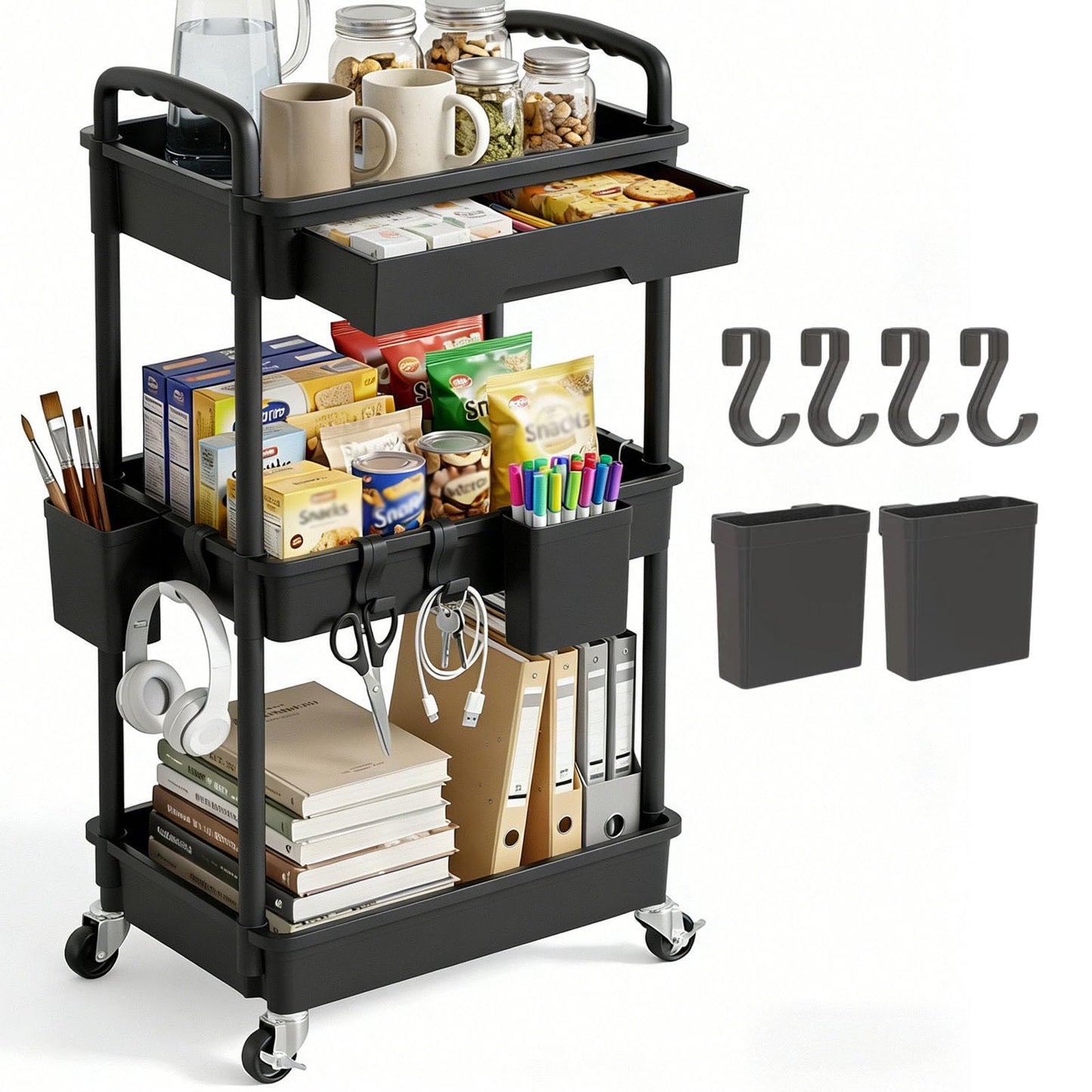 LLMRR 3 Tier Rolling Utility Cart with Drawer, Plastic Storage Organizer Rolling Carts with Wheels Handles Hanging Cups Hooks for Office, Bathroom, Kitchen,Craft Art Room (Black)
