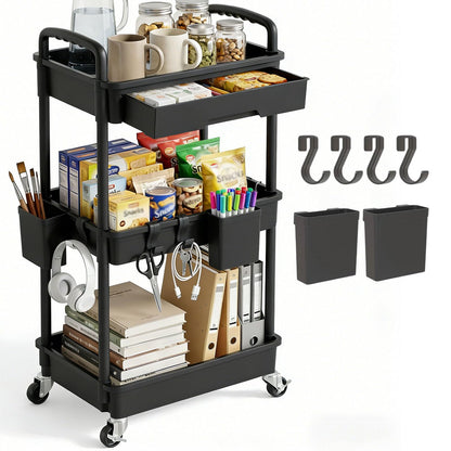 LLMRR 3 Tier Rolling Utility Cart with Drawer, Plastic Storage Organizer Rolling Carts with Wheels Handles Hanging Cups Hooks for Office, Bathroom, Kitchen,Craft Art Room (Black)