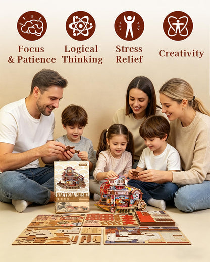 Nautical Sushi 3D Puzzles for Adults, 425PCS Wooden Mechanical Model Building Kit with Music and Lights, Miniature House Kit, Unique Home Decor Craft Gifts for Christmas Birthday Father's Day