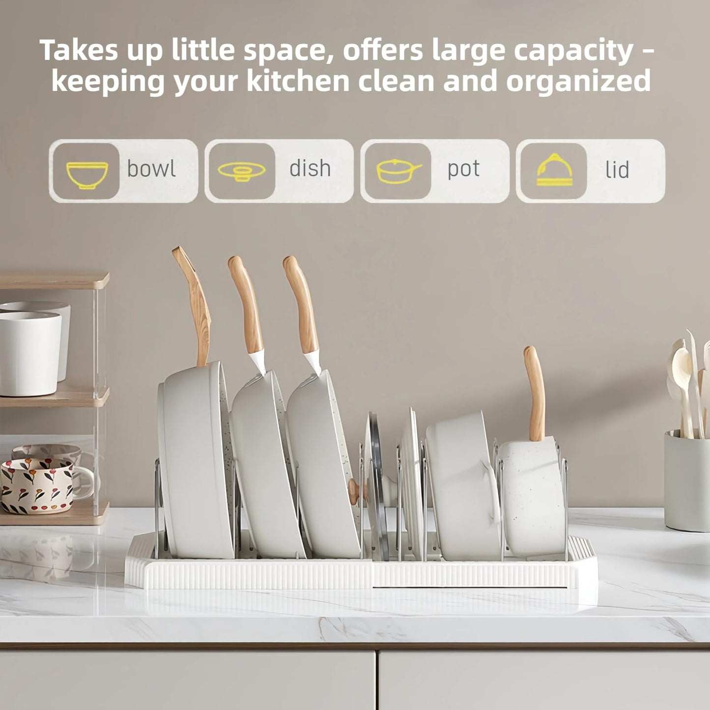 Silanit Expandable Pot and Pan Organizer Rack for Kitchen Cabinet or Under Sink, Adjustable Lid Holder with 7 Dividers, Space-Saving Storage for Renters, Small Homes, and Busy Cooks, White