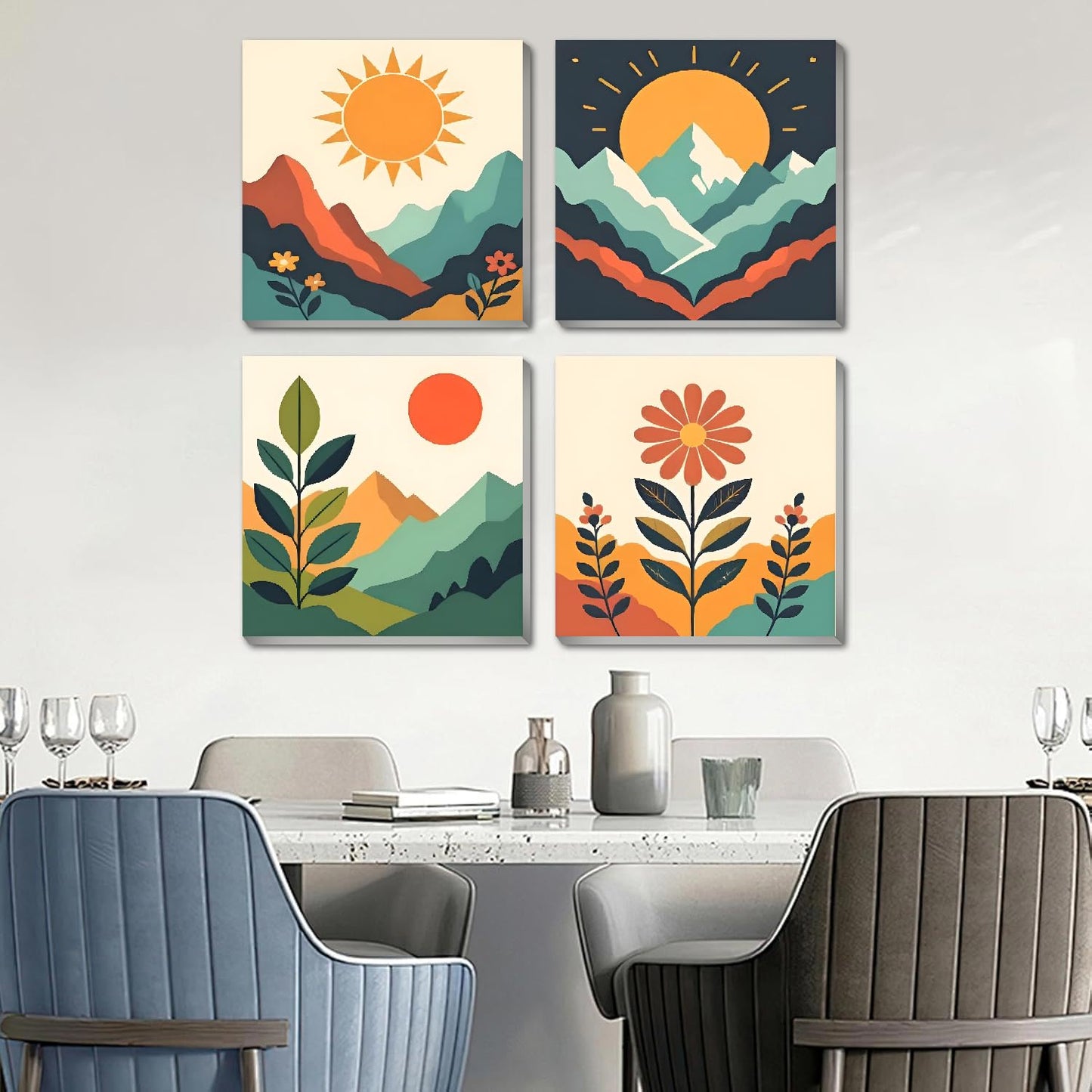 4 Pack Framed Paint by Numbers Kit for Kids & Adults Beginners, Easy Sunset Landscape Paint by Numbers Kits with Canvas Paints Brushes, Acrylic Oil Painting Arts and Crafts for Wall Decor 8 x 8 Inch