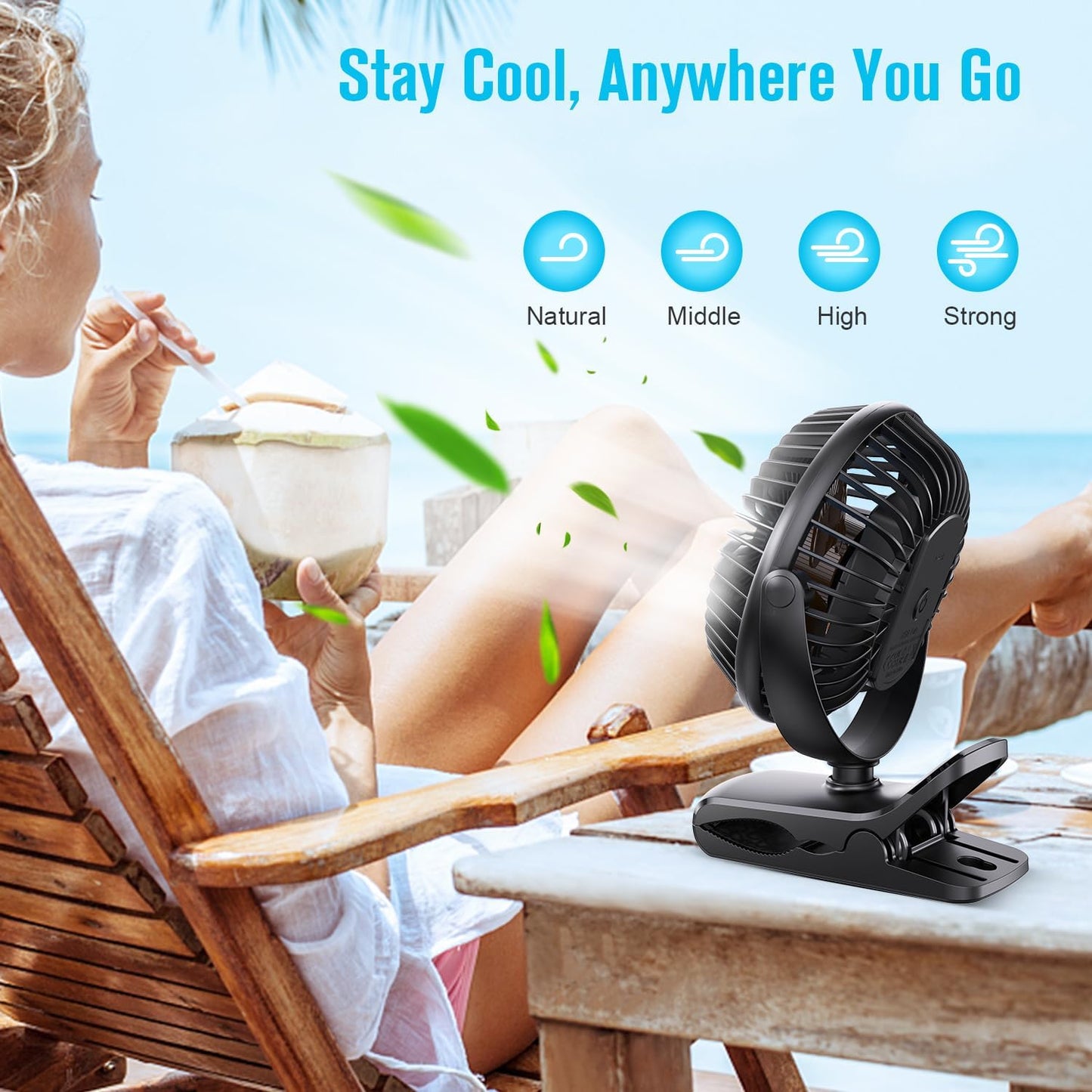 BESKAR Portable Clip on Fan, Rechargeable, 4 Speeds Small Battery Operated Fan, USB Desk Fan with Strong Airflow