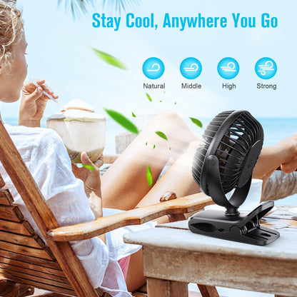 BESKAR Portable Clip on Fan, Rechargeable, 4 Speeds Small Battery Operated Fan, USB Desk Fan with Strong Airflow