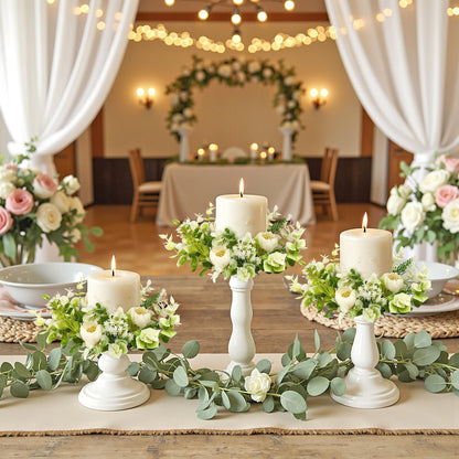 KHOYIME Floral Candle Rings Wreath 4PCS Small Spring Summer White Artificial Flowers Greenery Wreaths for Pillars, Mini Candle Holder Kitchen Cabinets Table Centerpieces Wedding Party Farmhouse Decor