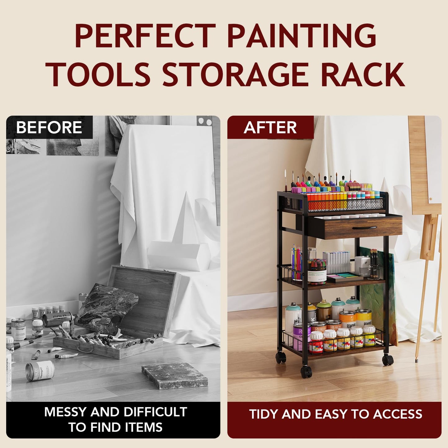 Homsorout 3 Tier Rolling Cart - Metal Utility Cart with Storage Drawer and Wheels, Versatile Art & Craft Organizer for Home, Office, or Studio Ideal for Storing Brushes, Paints, and Supplies Brown