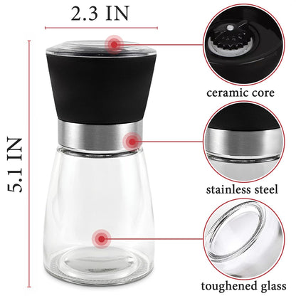 Manual Refillable Pepper Grinder - 6 Oz Glass Grinders for Pepper, Salt & Spices, Adjustable Rotor with 5 Settings