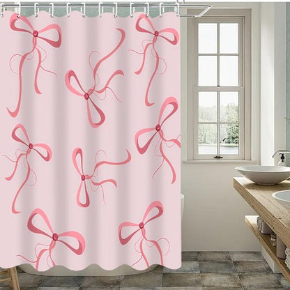 AZHM Pink Bow Shower Curtain Set - Cute Aesthetic Bathroom Decor with 12 Hooks | 4-Piece Set