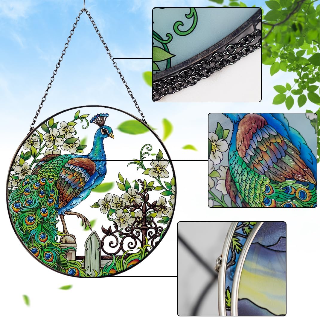 Peacock Stained Glass Suncatcher: Hand-Painted Window Wall Hanging Decor Ornament 6.5''*6.5'' for Home Garden Gift