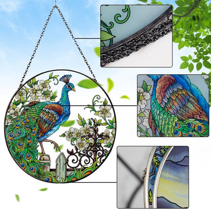 Peacock Stained Glass Suncatcher: Hand-Painted Window Wall Hanging Decor Ornament 6.5''*6.5'' for Home Garden Gift
