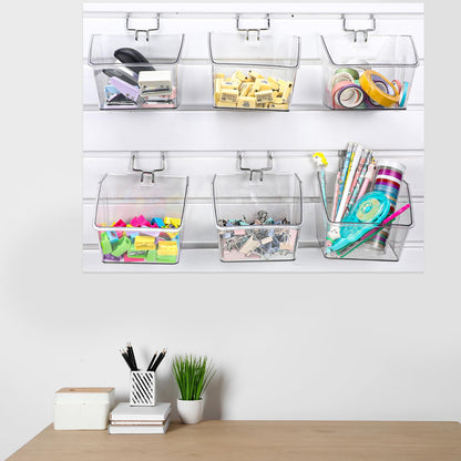 Layhit 6 Set Slatwall Bins Plastic Slatwall Baskets with Metal Hooks Hanging Containers Storage Organizer Pegboard Accessories for Garage Craft Workshop Office Storage