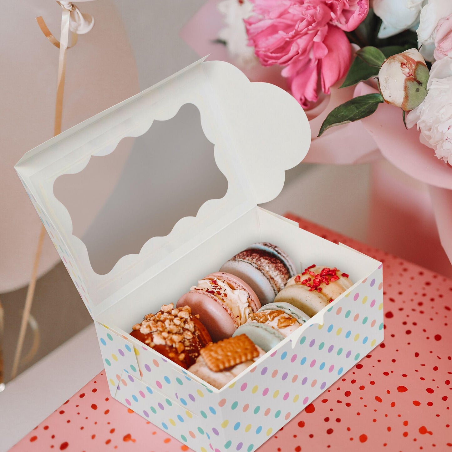 Perfect Occasion Polka Dot Cookie Boxes - 12 Pack - Pastel Polka Dot Cookie Boxes with Window - for Easter, Birthdays, Cupcakes, Pastries - Large Size Easily Fits a Dozen Cookies - 12 pcs