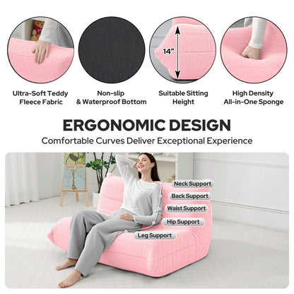 HABUTWAY Bean Bag Chairs Fireside Lazy Floor Sofa, Soft Teddy Fleece 2 Seater Sofa with High-Resilience Foam Filling，Beanbag for Living Room, Bedroom, Office (Pink Teddy)