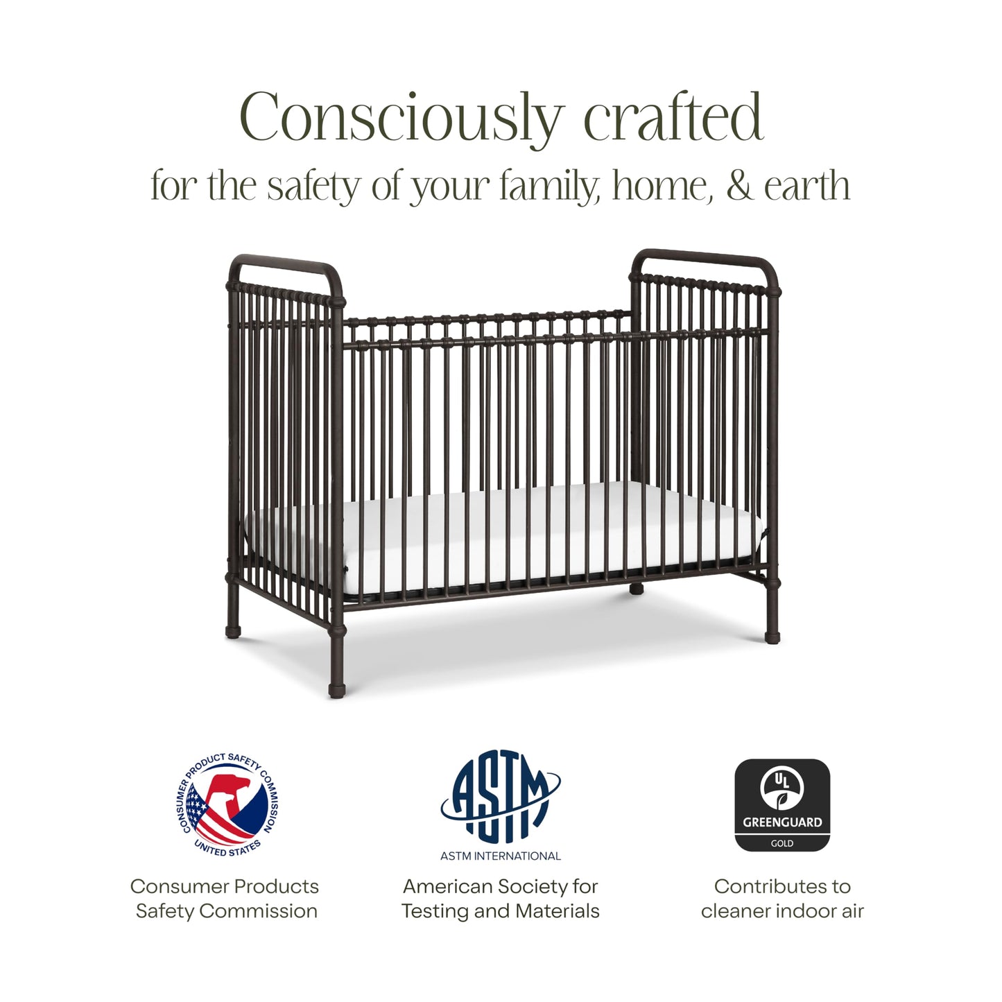 Namesake Abigail 3-in-1 Convertible Metal Crib in Vintage Iron, Greenguard Gold Certified