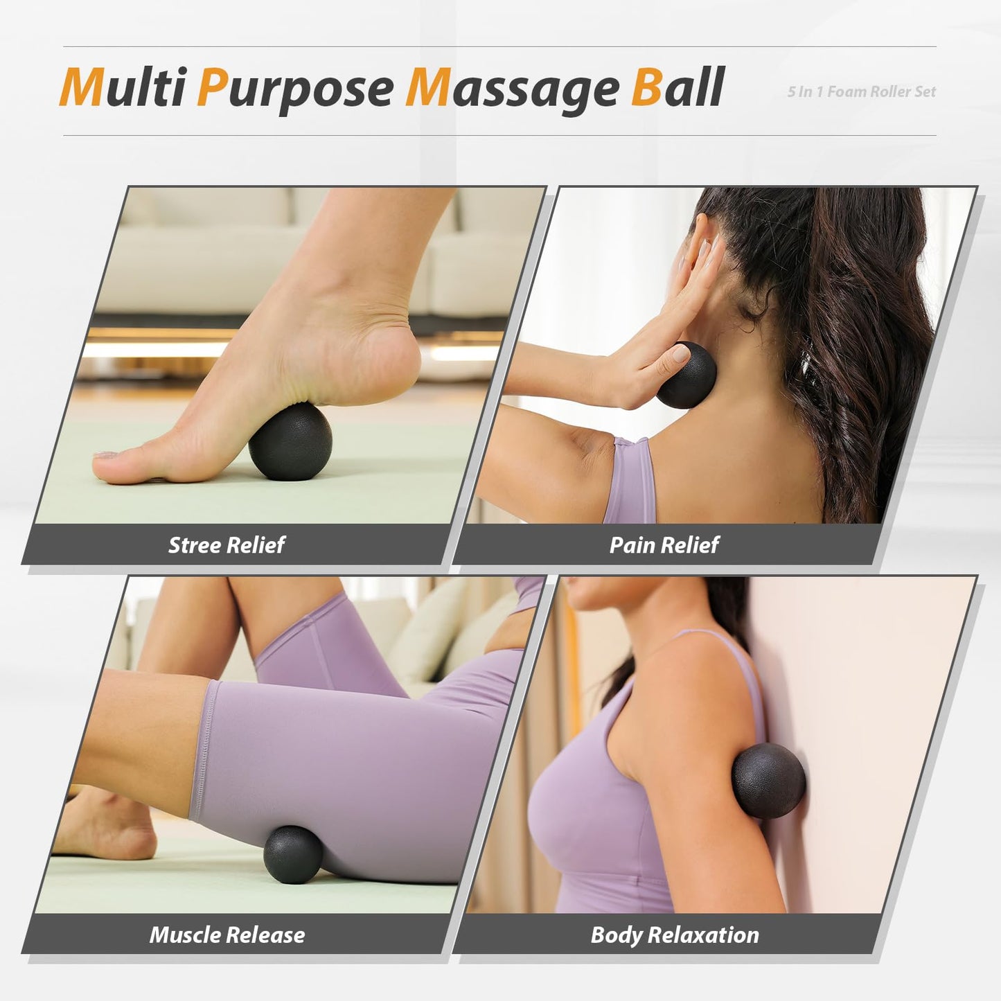 5 in1 Foam Roller Set, Trigger Point Foam Roller, Massage Roller Stick, Massage Ball, Resistance Band for Deep Muscle Massage Pilates Yoga,Fitness Exercise for Whole Body (Black-Red)