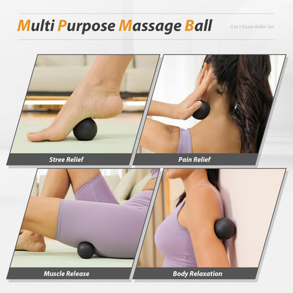 5 in1 Foam Roller Set, Trigger Point Foam Roller, Massage Roller Stick, Massage Ball, Resistance Band for Deep Muscle Massage Pilates Yoga,Fitness Exercise for Whole Body (Black-Red)