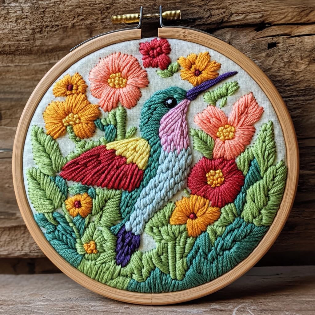 DIY Punch Needle Kits Hummingbird Flying in Flowers Easy for Beginners Punch Needle Embroidery Set with Hoop Stamped Pattern for Craft Lovers and Home Decor-13