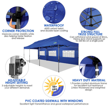 COBIZI 10x30 Heavy Duty Pop up Canopy with 8 sidewalls Stable Wedding Outdoor Tents for Parties Canopy Pop Up Party Tent UPF 50+ Waterproof Commercial Gazebo with Roller Bag, Navy Blue Upgraded