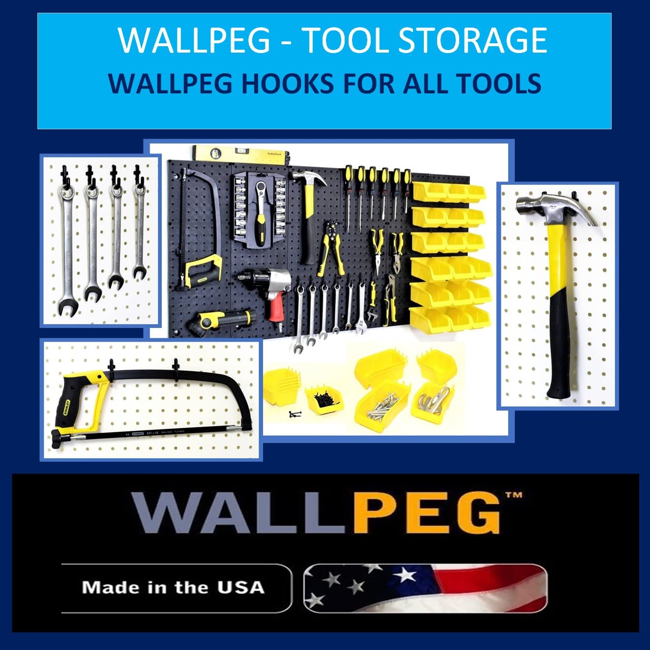 WallPeg 10 Each 7" Pegboard Bins Kit - Large Pegboard Bins for Craft Room Storage & Garage Peg Board Organization - Handy Pegboard Wall Organizer Bins Set -Made in USA-