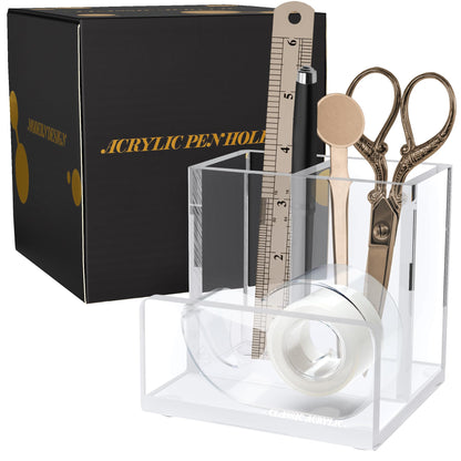 CLASSIC ACRYLIC Pen Organizer for Desk-A Modern Desk Accessory w/a Removable Divider is Great as a Pen & Makeup Brush Holder-This Chic Acrylic Storage Stand Makes a Great Gift for Home/Work Space
