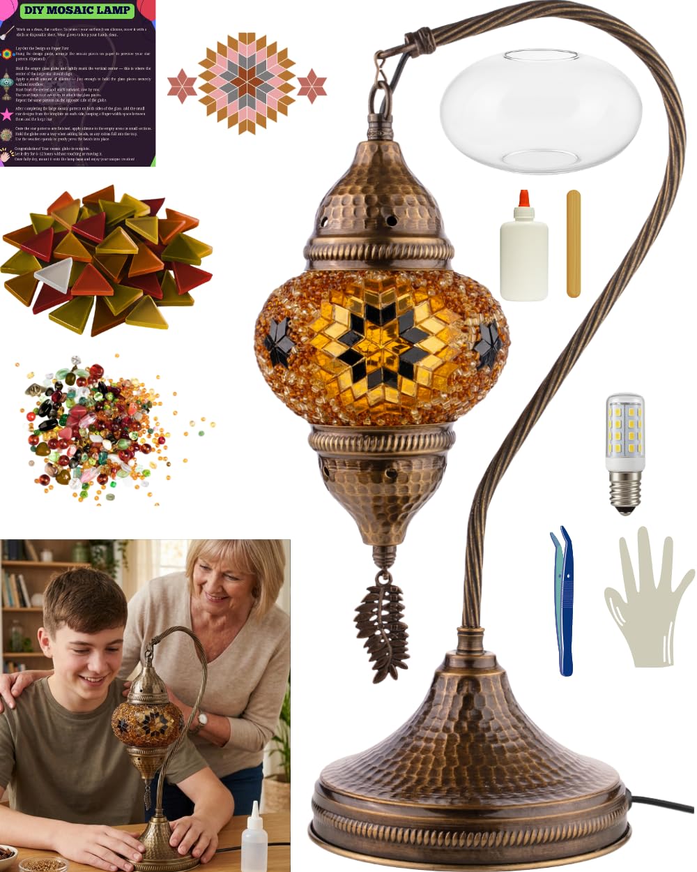 DEMMEX DIY Turkish Moroccan Mosaic Lamp Making Kit – Beginner Friendly Mosaic Art & Craft Project Kit for Adults & Teens – No Grout/Plaster Needed – Fun, Easy, No Experience Required (Brown&Amber)