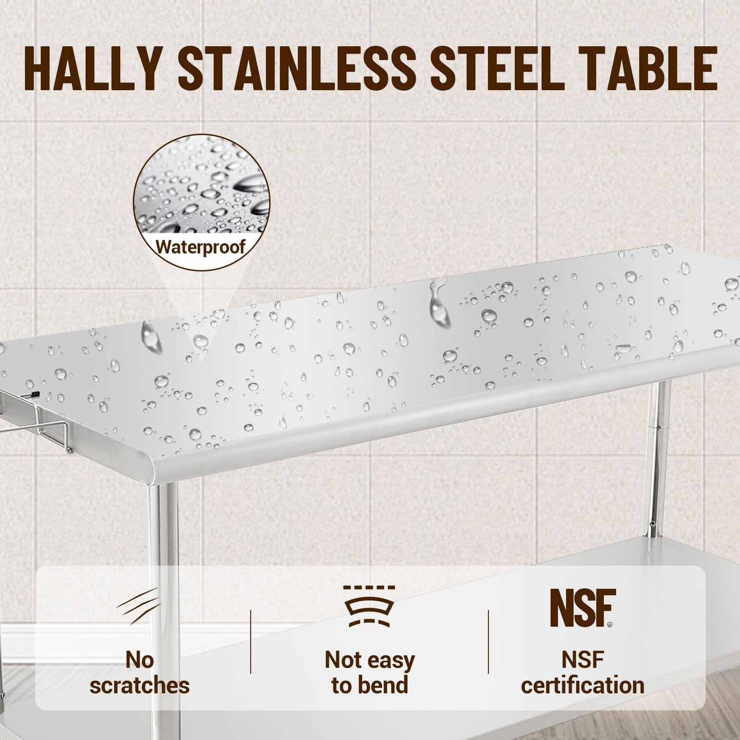Garvee Heavy Duty NSF Stainless Steel Prep Table – 72x30x35in Commercial Workstation with Adjustable Undershelf, Removable Trash Rack, 08 Curved Edge, No Casters, No Backstop – Perfect for Kitchen
