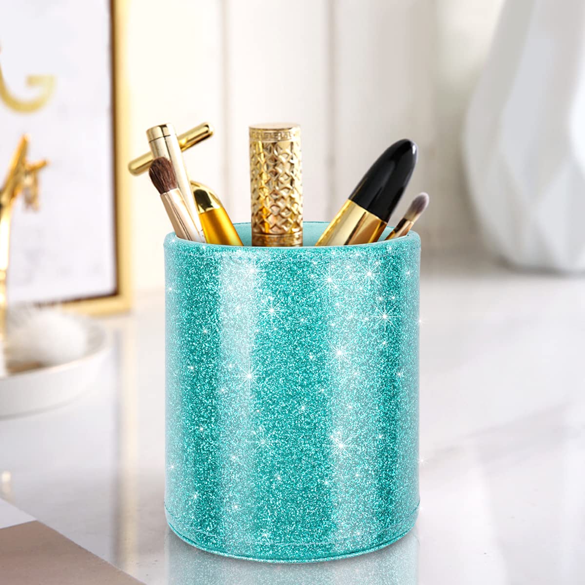 WAVEYU Glitter Pen Holder Pencil Organizer, Cute Pencil Cup Desk Decor, Decorative Makeup Brush Holder Large, Leather Multi-Functional Organizer Cup for Office, Home, Classroom, Blue+Green