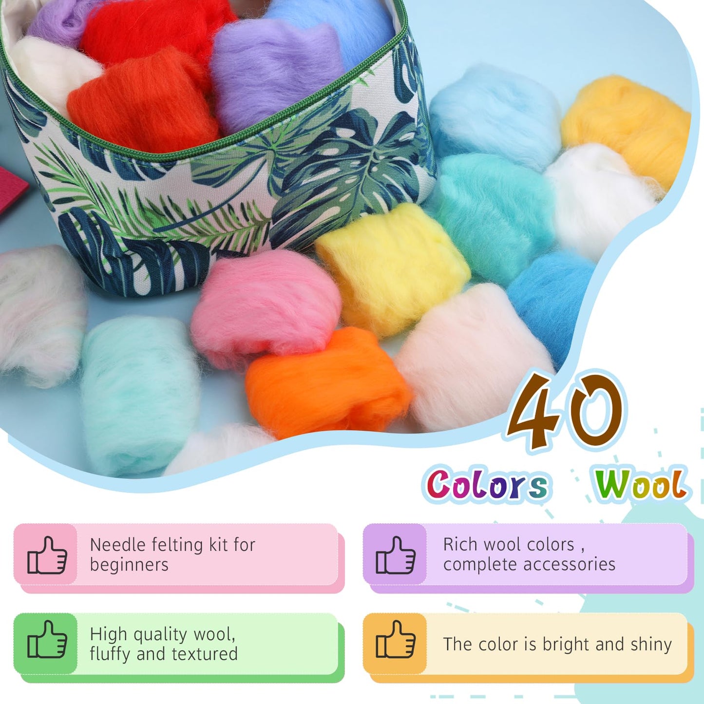 IMZAY Needle Felting Kit, Wool Roving 40 Colors Set, Needle Felting Starter Kit, Needle Felting Tools Kit with Exquisite Green Storage Bag, Wool Felt Tools for Felted Animal Needle Felting Supplies