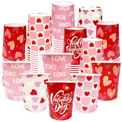 YQUQWN 50Pcs Valentine Paper Cups 9oz – 5 Heart Designs Disposable Valentine Cups Red Paper Party Drinkware for Coffee Juice Weddings Gatherings