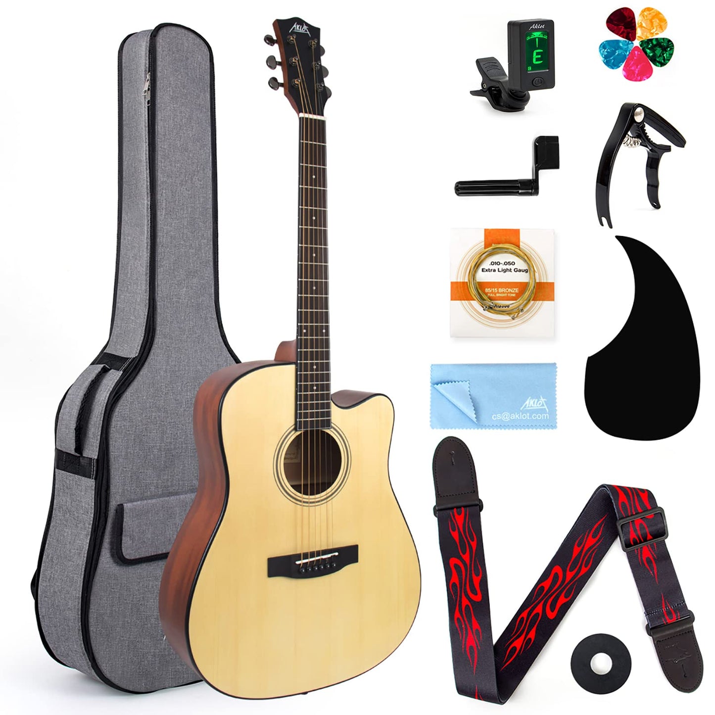 AKLOT Acoustic Guitar for Beginners Full Size 4/4 Folk Guitars Cutaway Acoustique Guitare Starter Kit (Spruce Wood W/Bag)