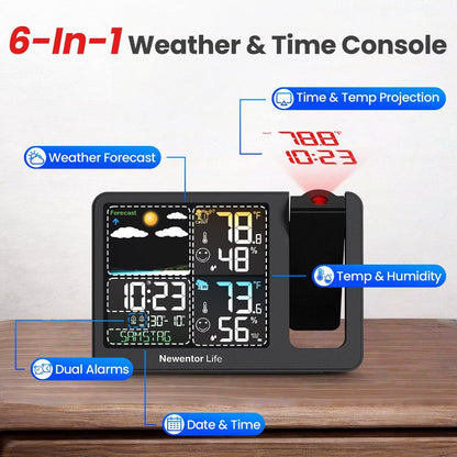 Newentor Projection Alarm Clock, Projection Clock for Bedroom Ceiling, Weather Station Thermometer with Projector Indoor Outdoor TEM&Hum, Forecast, Adjustable Backlight, Black with Red Projector