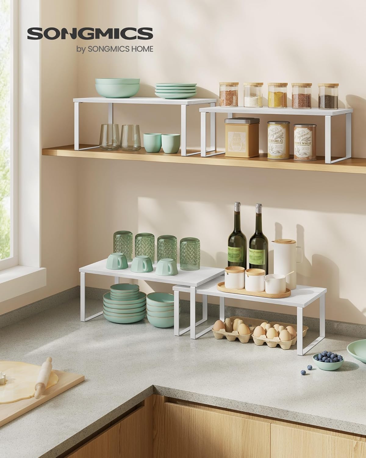 Set 2 Counter UKCS025W01 SONGMICS Cabinet Organizer Shelf, of Kitchen Shelves, Kitchen Storage, Spice Rack, Stackable