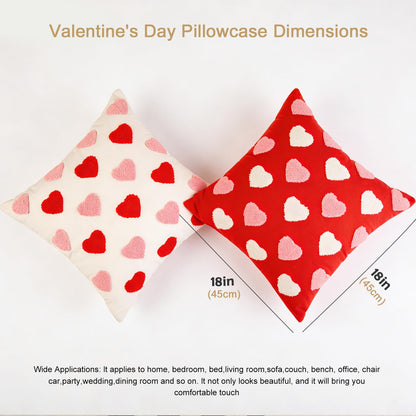 Valentine‘s Day Throw Pillow Covers Set of 2, 18x18 Inch (45x45cm) - White & Red Love Heart Embroidery Decorative Cushion Covers for Couch Sofa Bedroom, Valentine’s Gift for Her, Couples, Anniversary