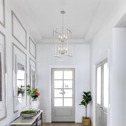 QAREHL High Ceiling Chandeliers for Foyer Brushed Nickel Chandelier for Entryway Modern Farmhouse 15.74’’ in Metal 8 Light Lantern Tiered Pendant Light for Dining Room Kitchen Island Hallway Stairway