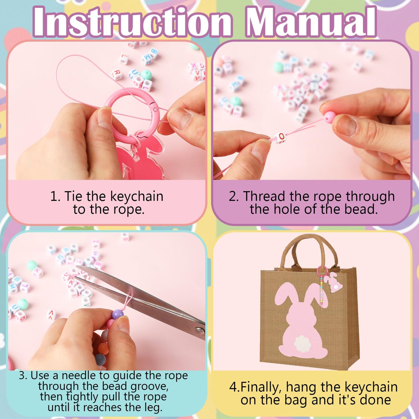 Hillban 4 Sets Personalized Easter Burlap Gift Bags Reusable Large Egg Hunt Bunny Tote with Handles and DIY Name Beads Keychain Making Kit for Women Jute Baskets for Easter Party Favors Gifts Storage