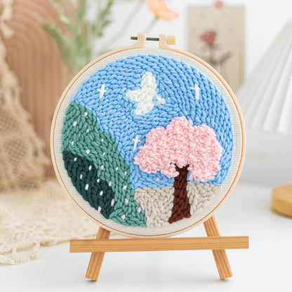 Woohome Punch Needle Kit Included Plastic Hoops, Punch Needle Cloth, Color Yarn and Punch Needle Tools for Adults, Beginners (Moon and Trees)