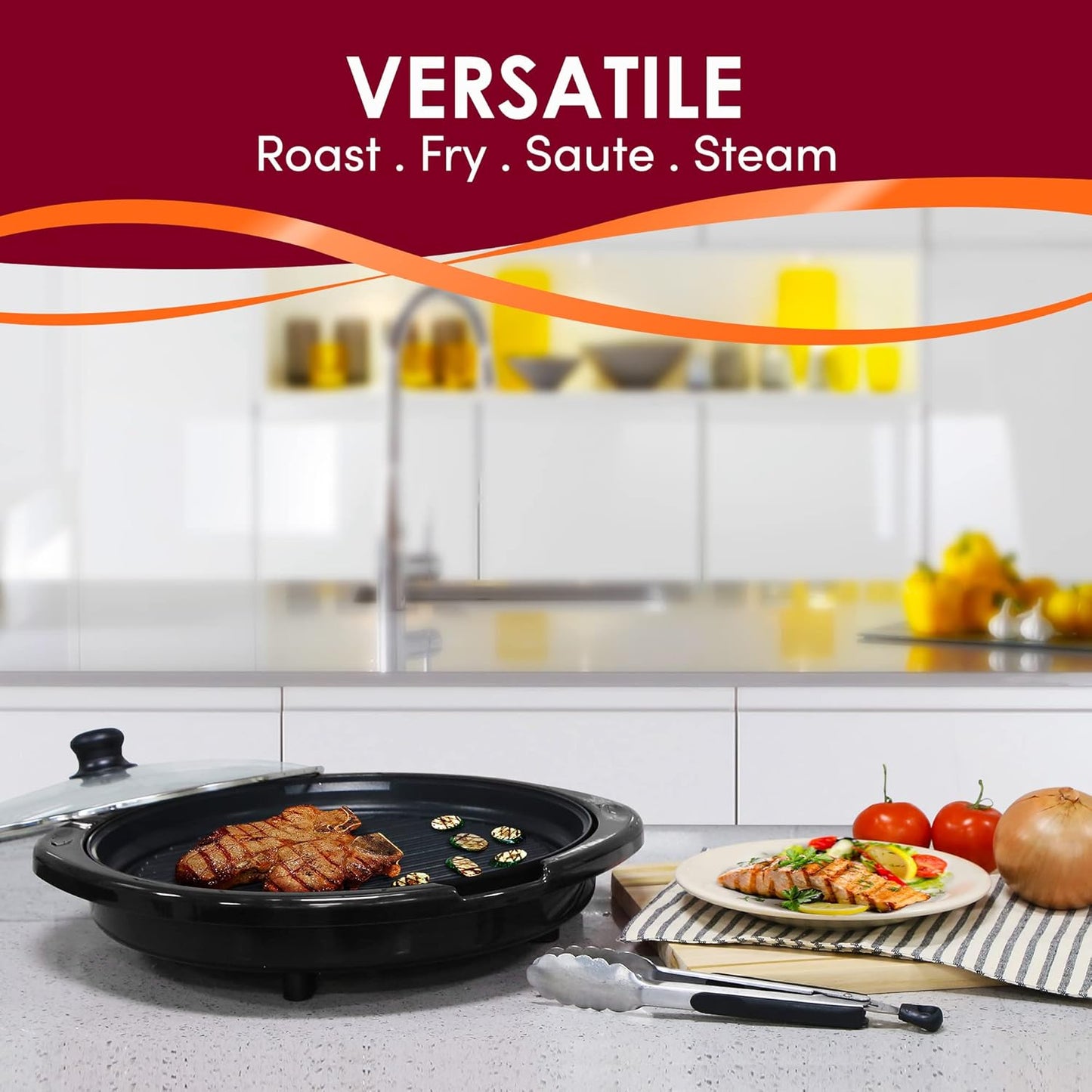 Elite Gourmet EMG-980B Smokeless Electric Tabletop Grill, 6-Serving, 14" Black, Nonstick, Dishwasher Safe