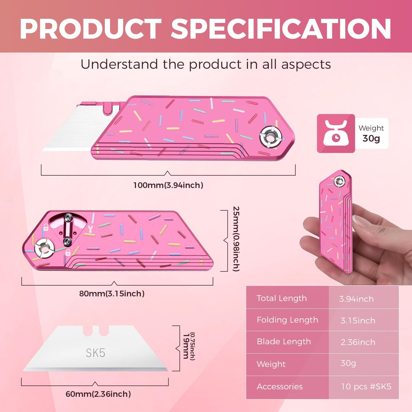 EDC Utility Knife, Mini Pocket Knife for Women Lightweight, Keychain Box Cutter Fidget Knives, Quick Change Retractable,With 10Pcs Blades Replacement