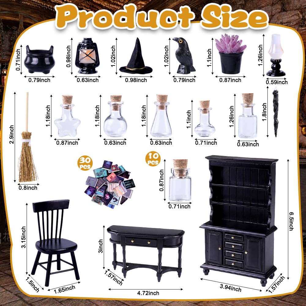 Celltestria 56 Pcs Halloween Miniatures Decorations 1:12 Scale Magic House Accessories Mini Wooden Bookshelf Furniture Set Tiny Sorcery Bottles Books Desk Chair Witch Hat Dollhouse Decor