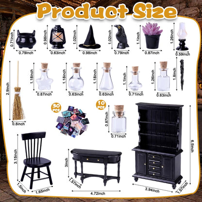 Celltestria 56 Pcs Halloween Miniatures Decorations 1:12 Scale Magic House Accessories Mini Wooden Bookshelf Furniture Set Tiny Sorcery Bottles Books Desk Chair Witch Hat Dollhouse Decor