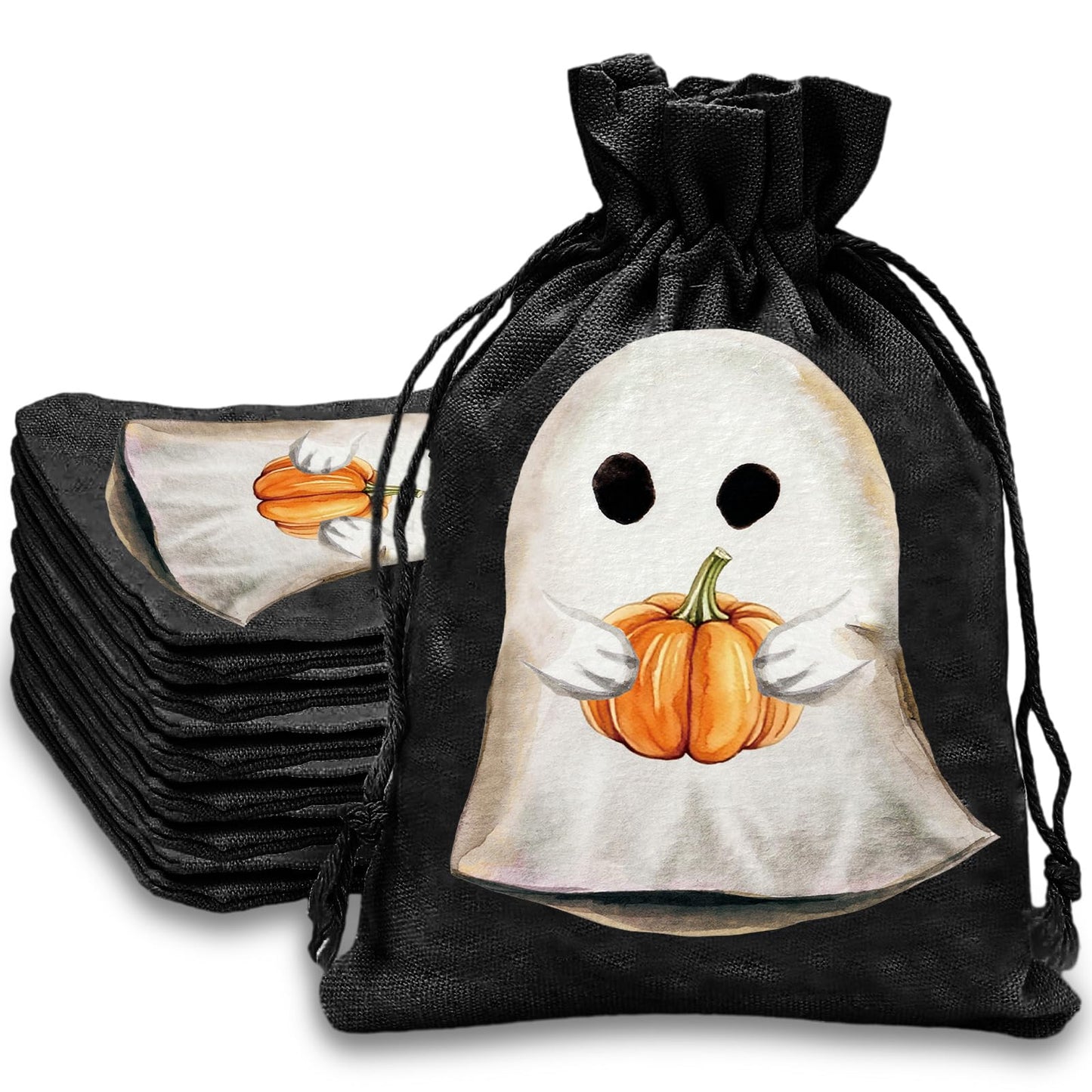 JarThenaAMCS 24 Pack Halloween Burlap Bags Spooky Ghost Pumpkin Gift Bags Black White Orange Linen Treat Goody Bag with Drawstring for Halloween Party Favors